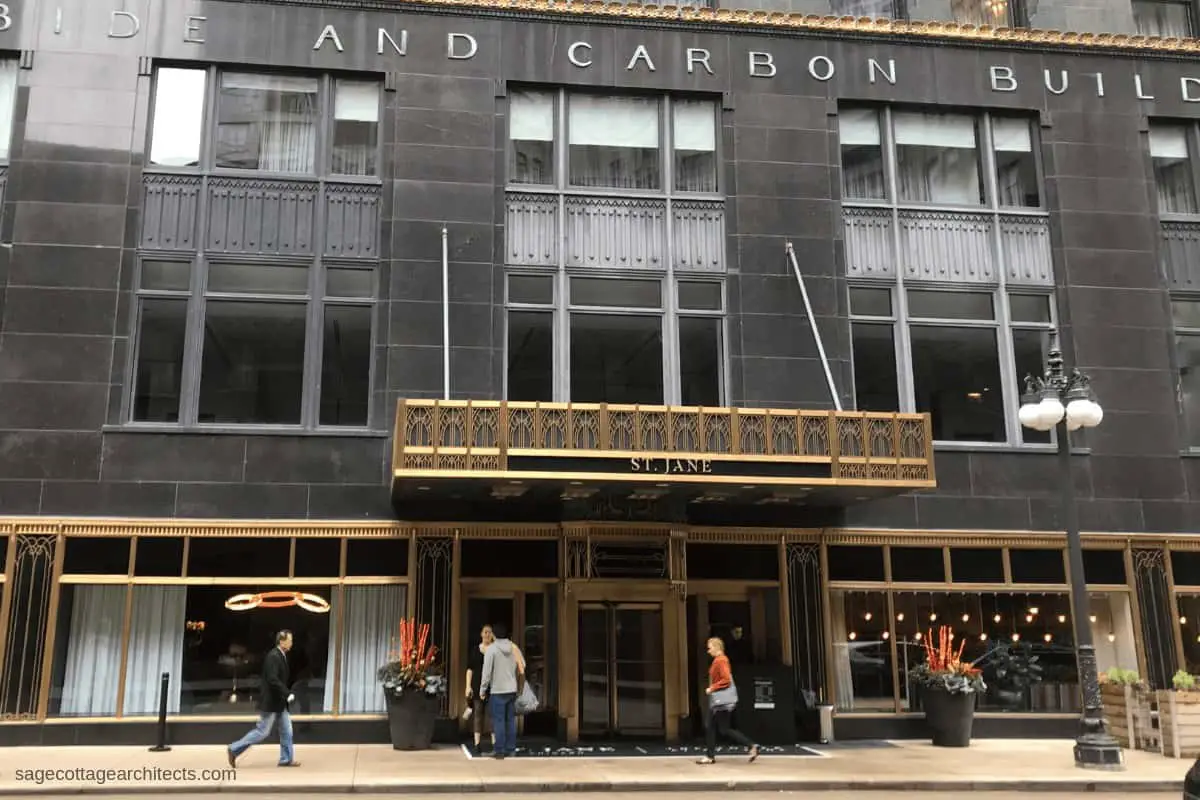 Bronze Art Deco entry canopy on the Carbide and Carbide Building