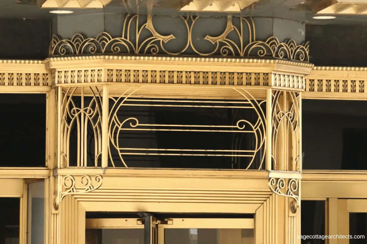 Bronze Art Deco ornamentation on black panels at the entrance canopy of the Carbide and Carbon Building.