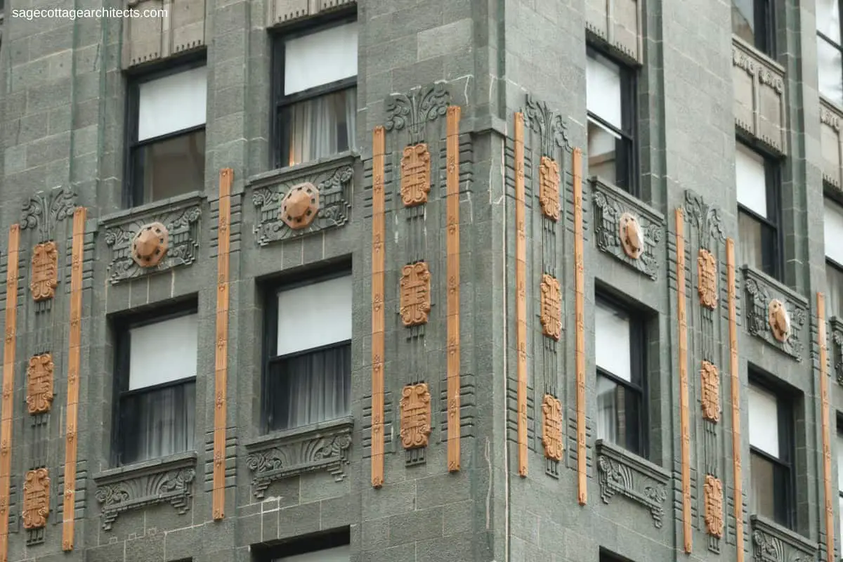 Green terra cotta walls and bronze Art Deco decoration on the Carbide and Carbon Building.