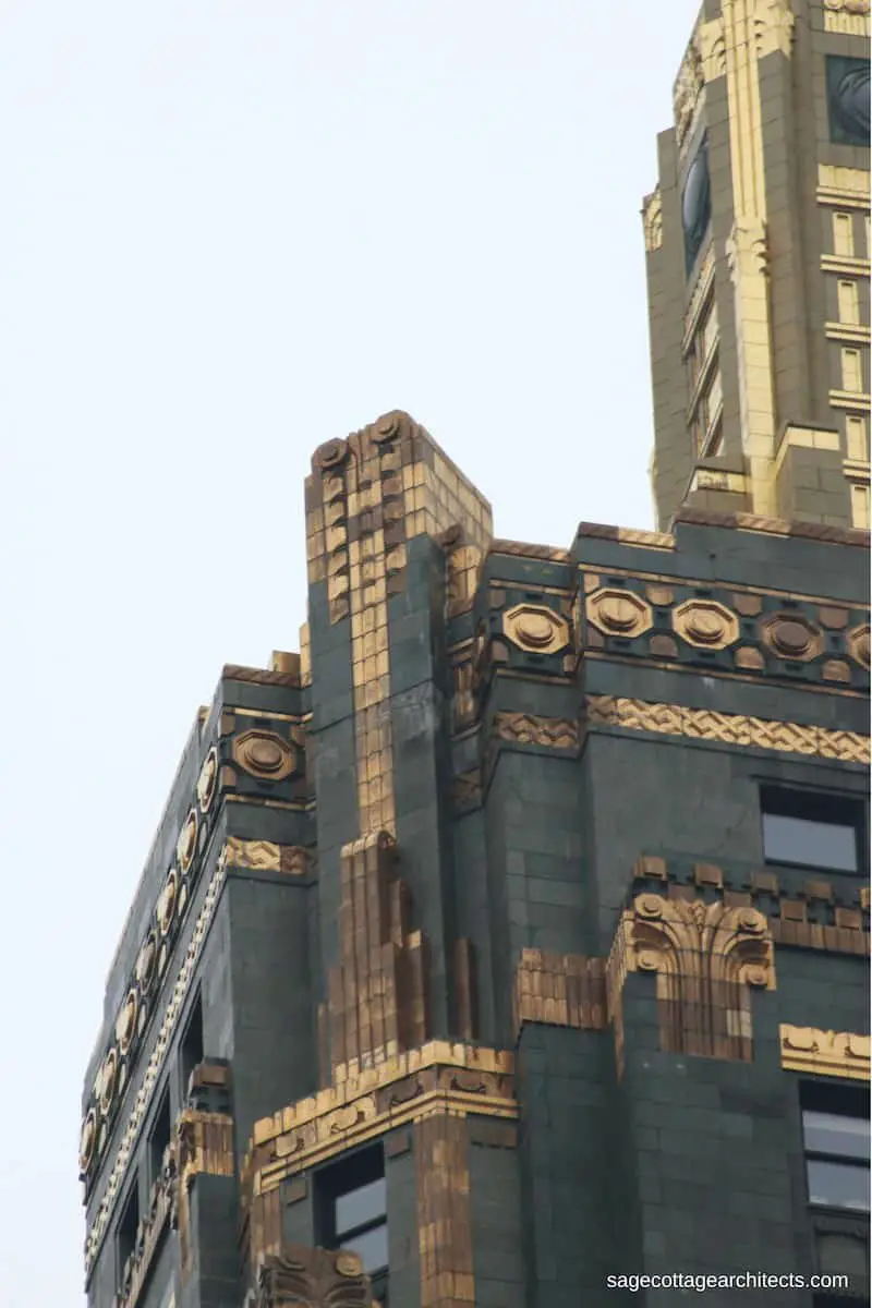 Dark green walls and bronze Art Deco decoration of the Carbide and Carbon Building.