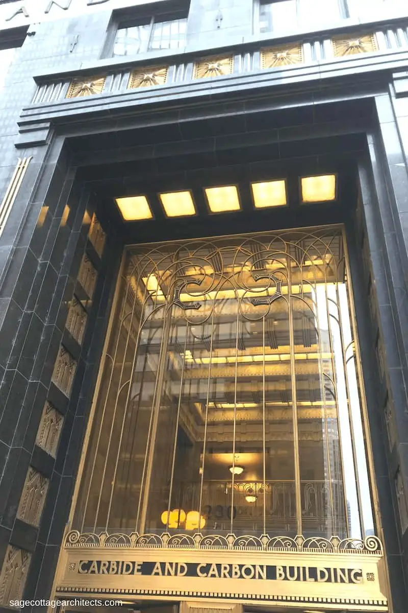Black granite, bronze and glass entrance to Carbide and Carbon building.