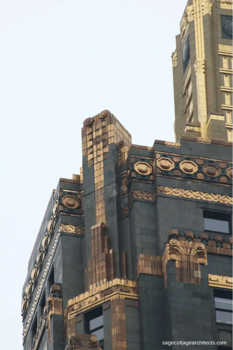 Bronze Art Deco ornamentation on top of the Carbide and Carbon Building tower