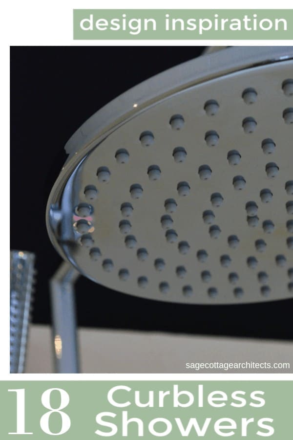 Collage of a closeup shot of rain shower head that pairs perfectly with curbless showers.