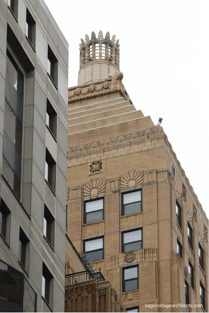 Art Deco Architecture - light tan building top shaped in a ziggurat with a crown.