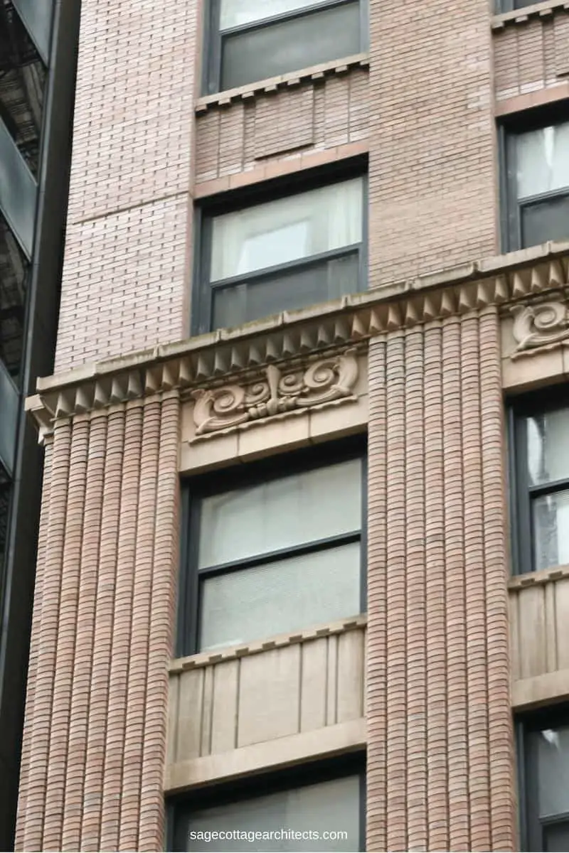 Round faced brick columns on Art Deco building.