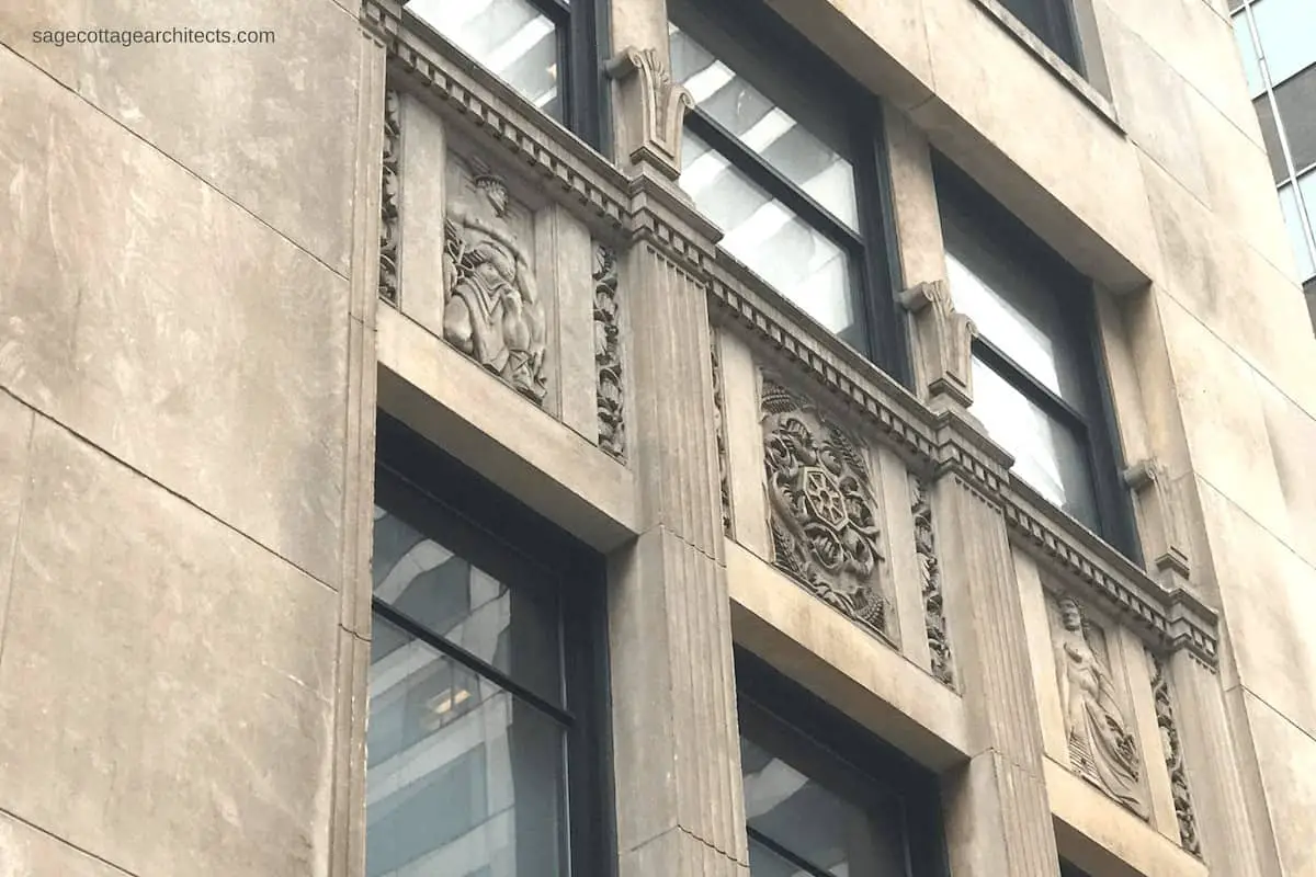 Art Deco limestone panels carved with mythological figures of Hermes and Demeter