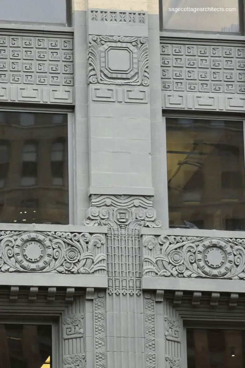 Grey Art Deco ornamentation on Engineer's Building in Chicago.