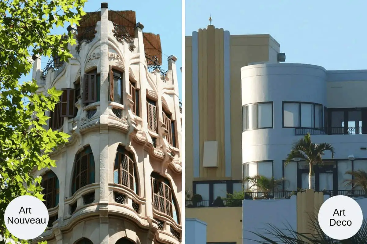 Collage of Art Nouveau apartment building next to Art Deco apartment building. 