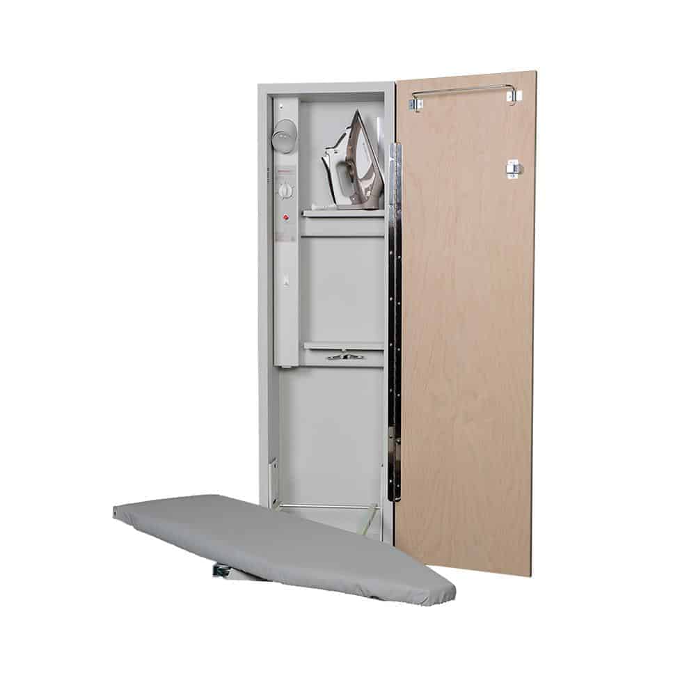 Recessed ironing center cabinet with iron and ironing board.