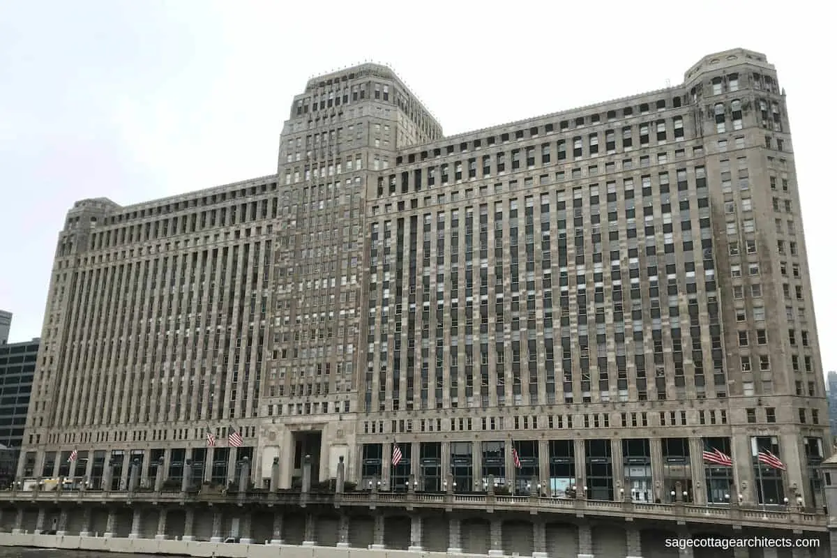 Art Deco Architecture: exterior of massive limestone building.