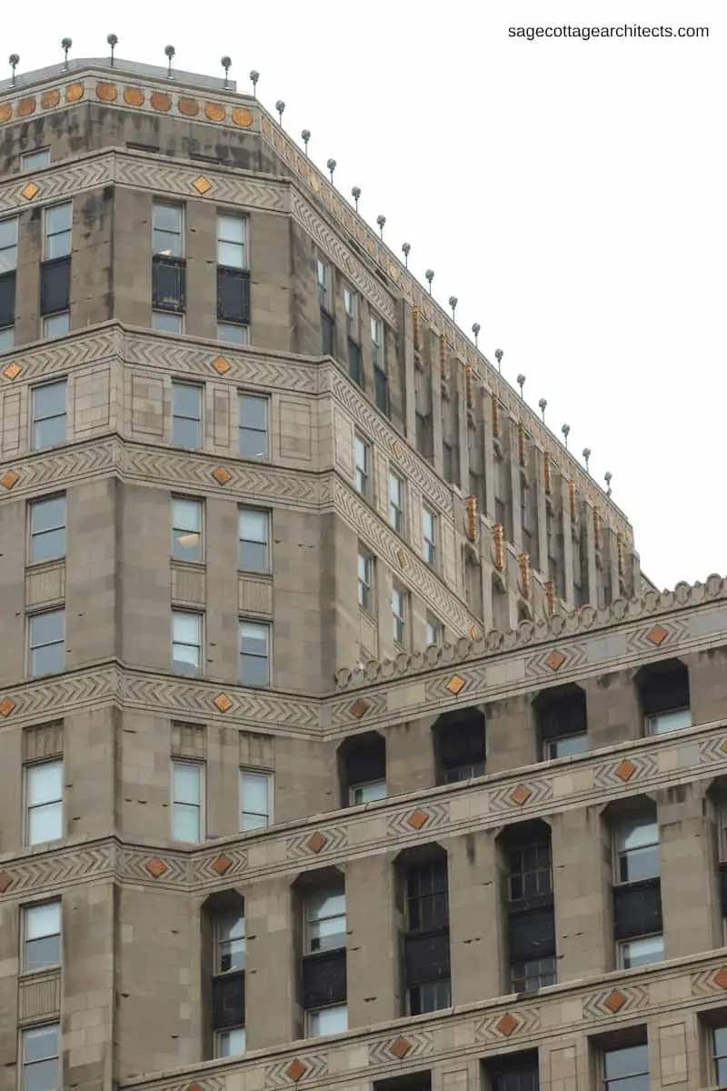 Art Deco building exterior of limestone with chevron carvings