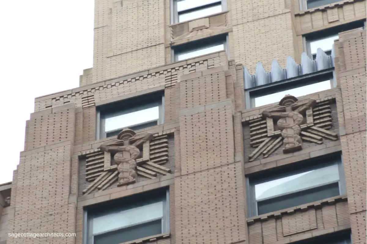 Art Deco building carved decoration of the Staff of Hermes (two snakes entwined about the staff).