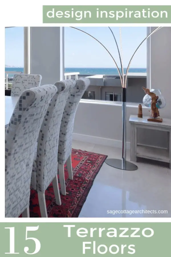 Collage of dining room with large window and white terrazzo floors.