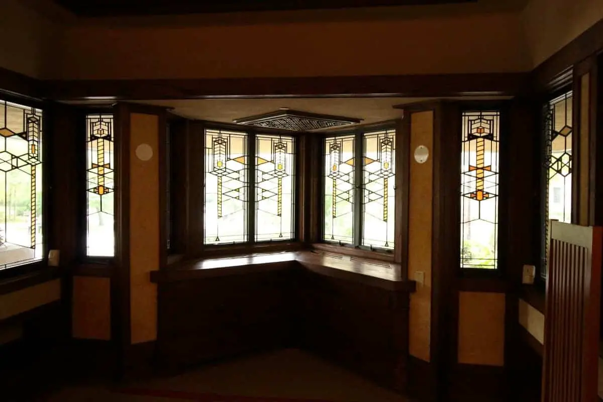 Prairie style home interior with stained glass window band in the Robie House.