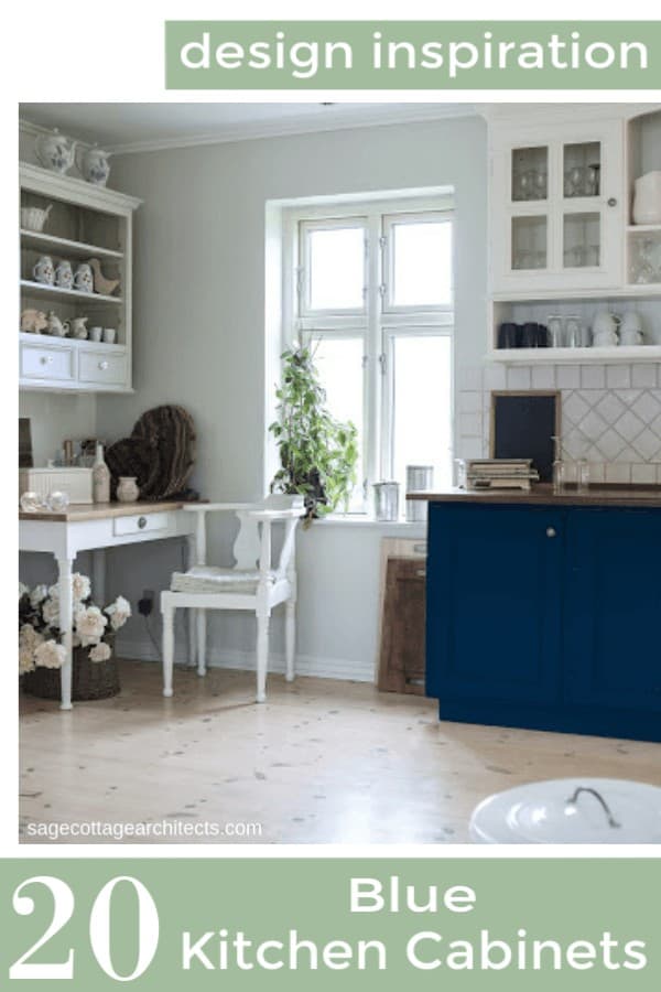 Photo collage of a white kitchen with blue cabinets on the lower half. 
