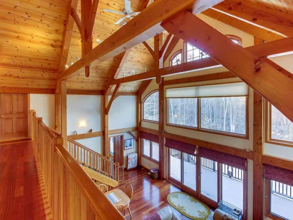 Interior photo of a timber framed ski vacation home.