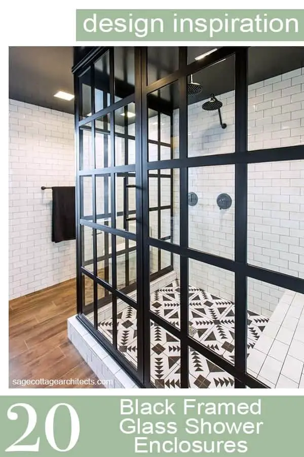Photo collage of black framed glass shower enclosure