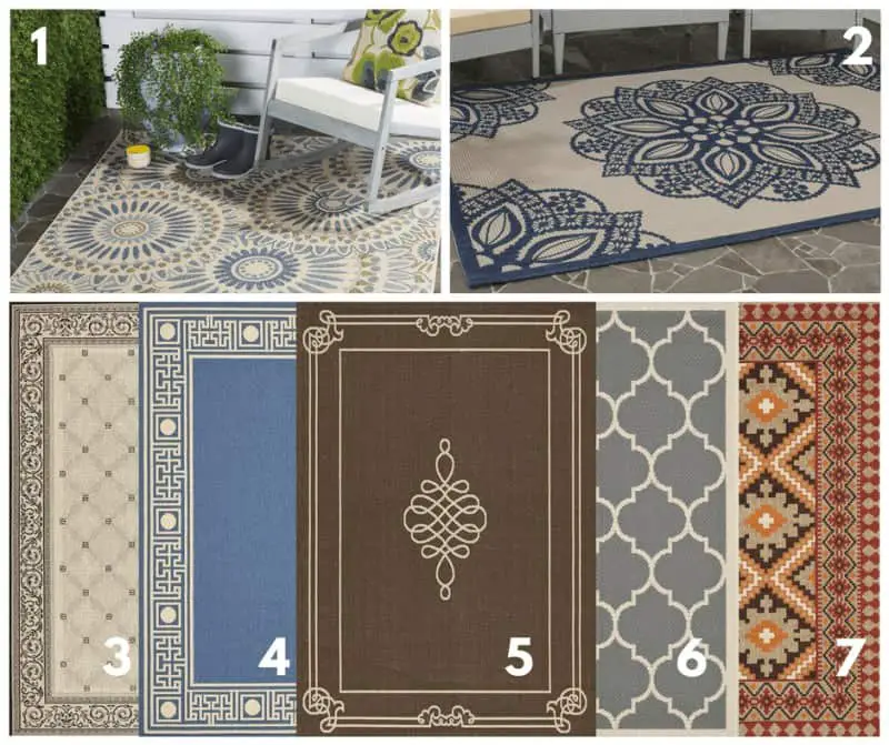 Photo collage of outdoor rugs that are perfect for balcony flooring.