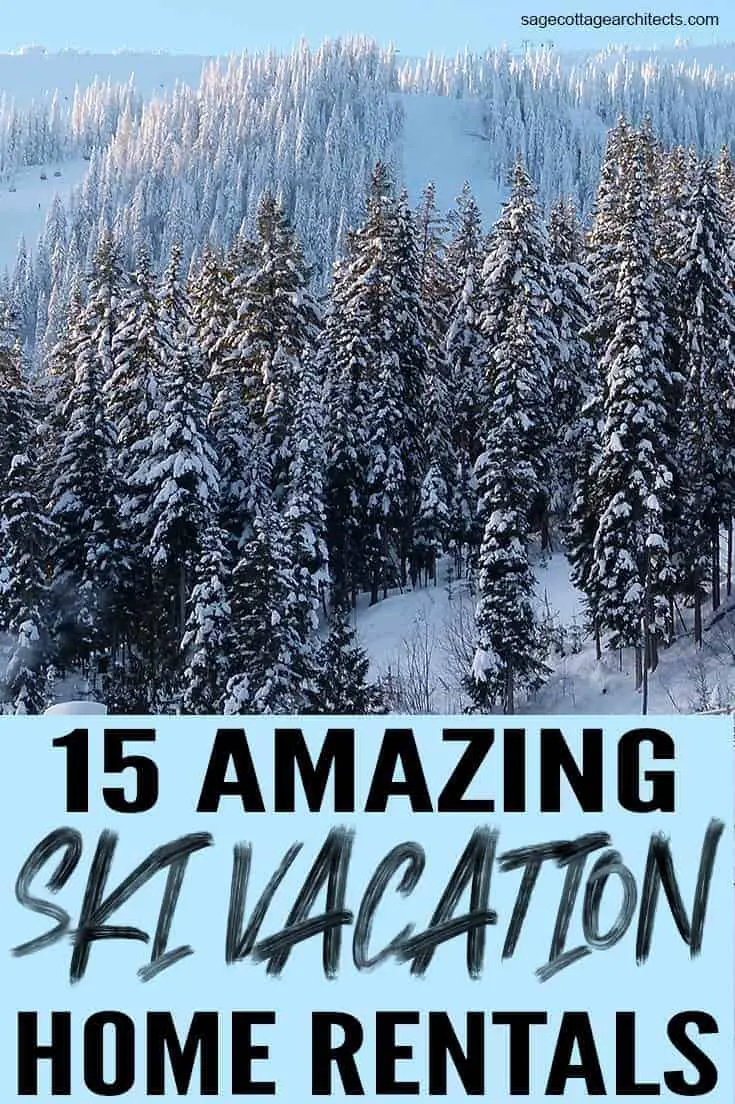 Photo collage of a ski vacation destination with snow covered trees and mountain