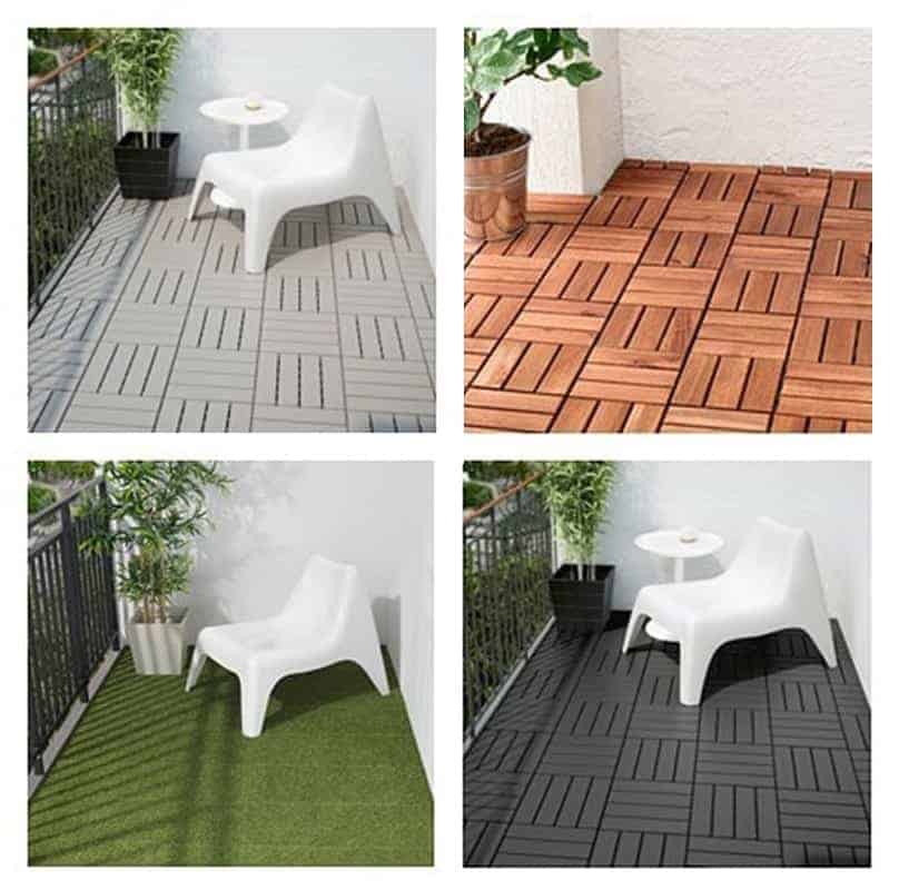 Photo collage of four balcony flooring deck tile options: light grey, wood parquet, grass, and dark grey. 