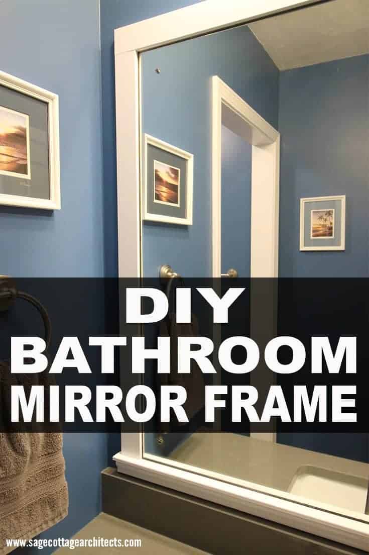 Photo collage of DIY bathroom mirror frame project