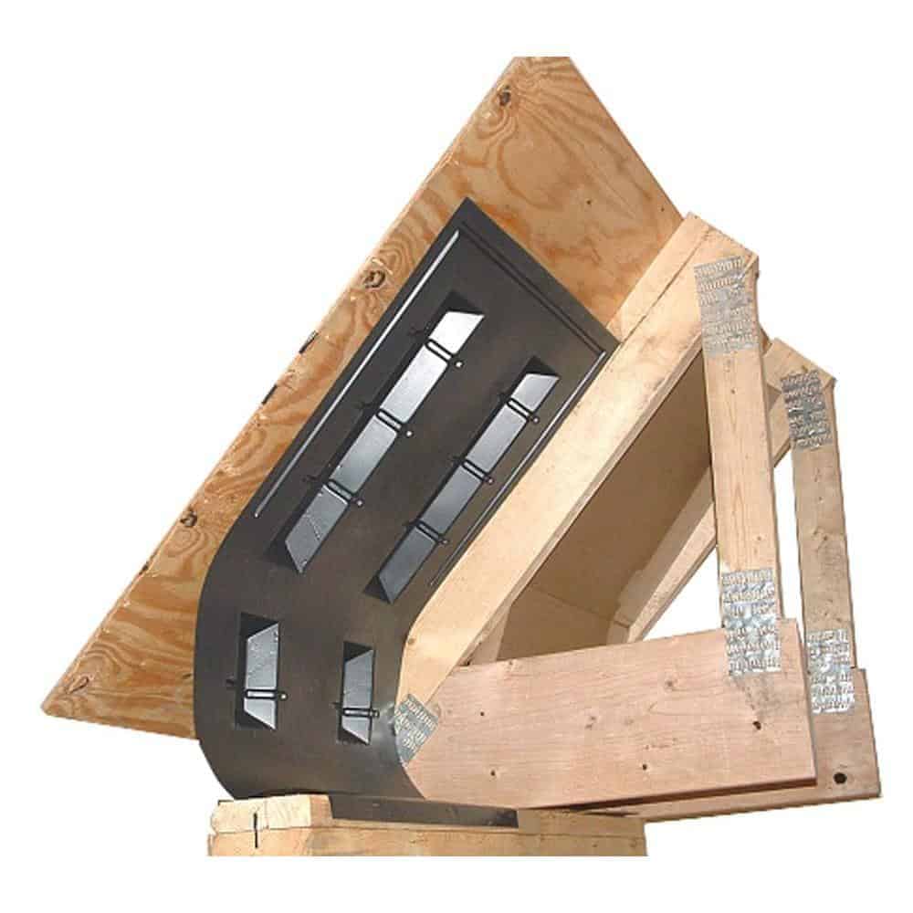 Photo of attic ventilation chute with wood truss and plywood roof sheathing.