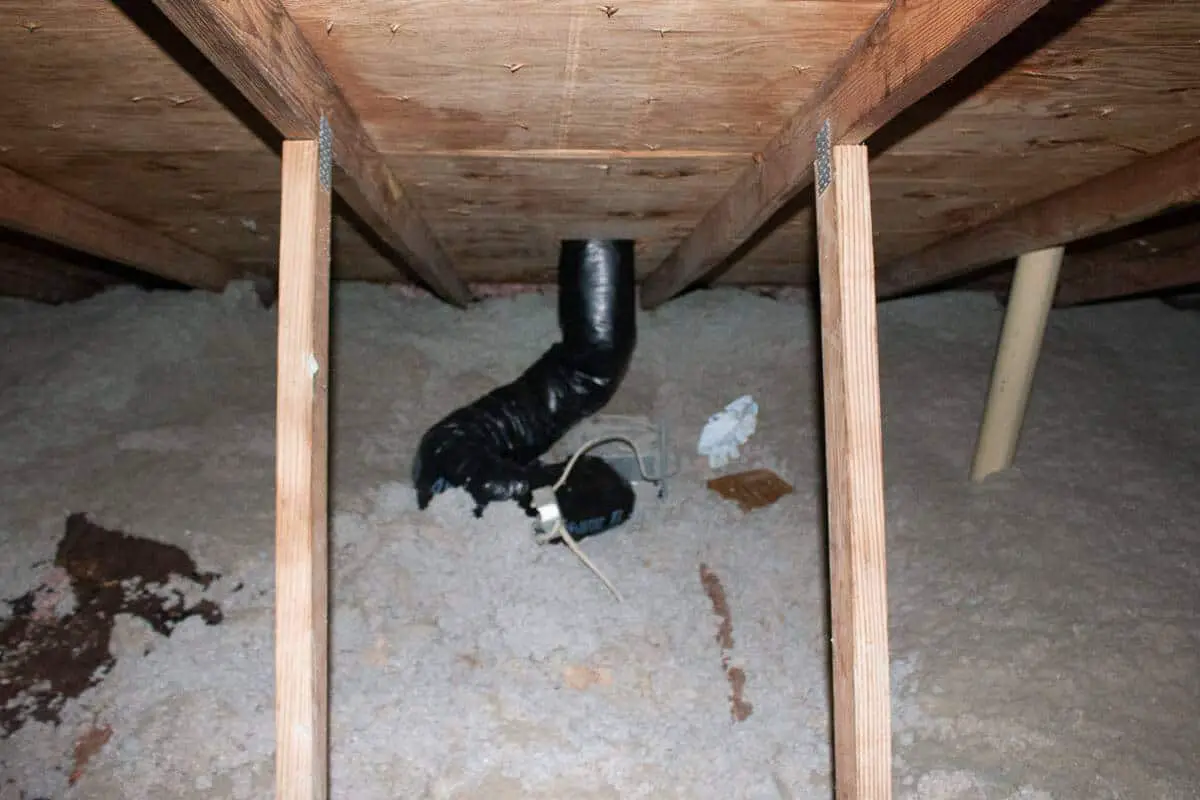 Photo of properly vented bathroom exhaust fan in the attic with an insulated duct going through the roof sheathing. 