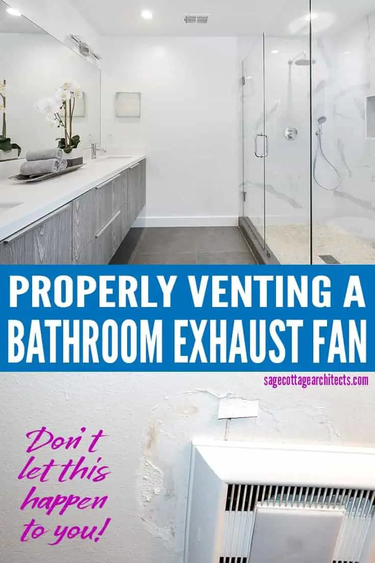 Photo collage of white and grey bathroom and a bathroom exhaust fan with water damaged ceiling.