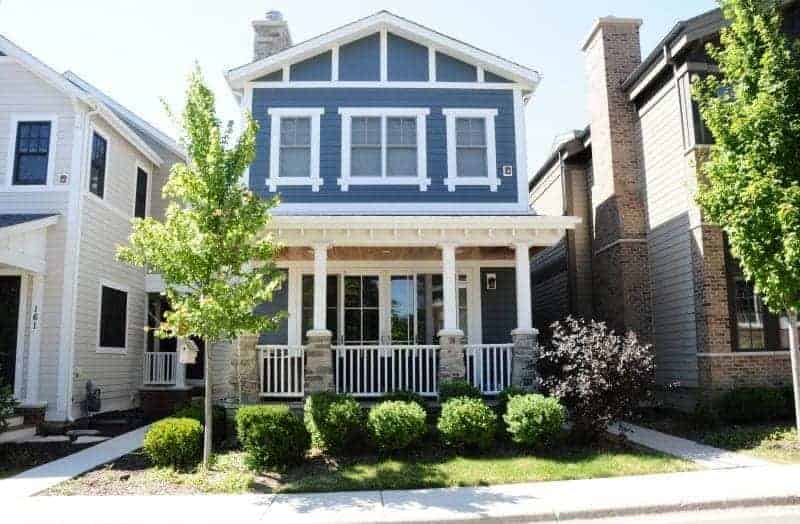 Photo of blue home with white trim and front porch.