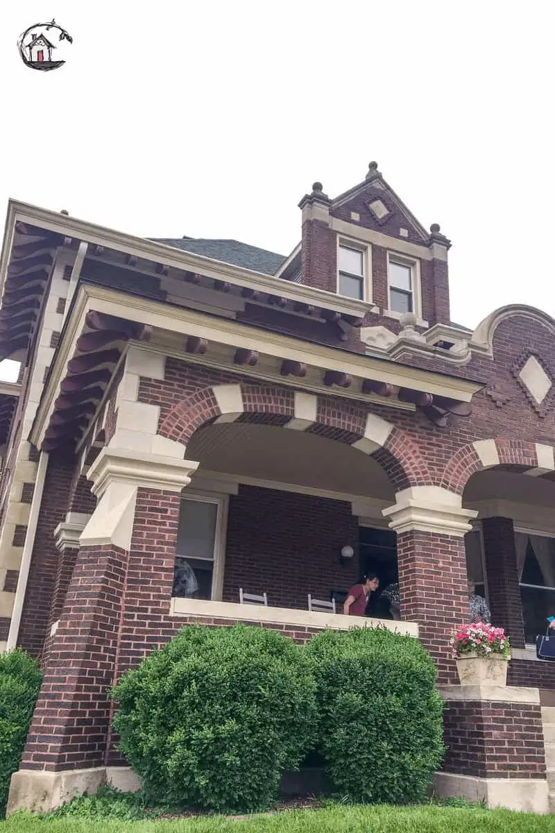 Photo of Mission style brick home on old house tour. 