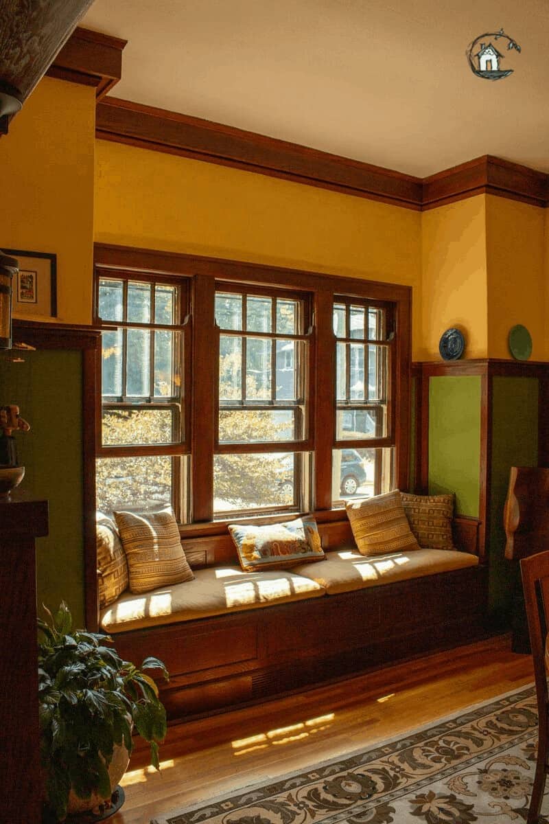 Photo of Arts & Crafts window seat on old house tour.