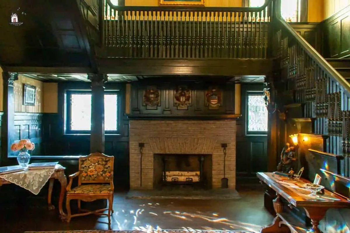 Photo of the inglenook fireplace inside the historic Vrooman Mansion.