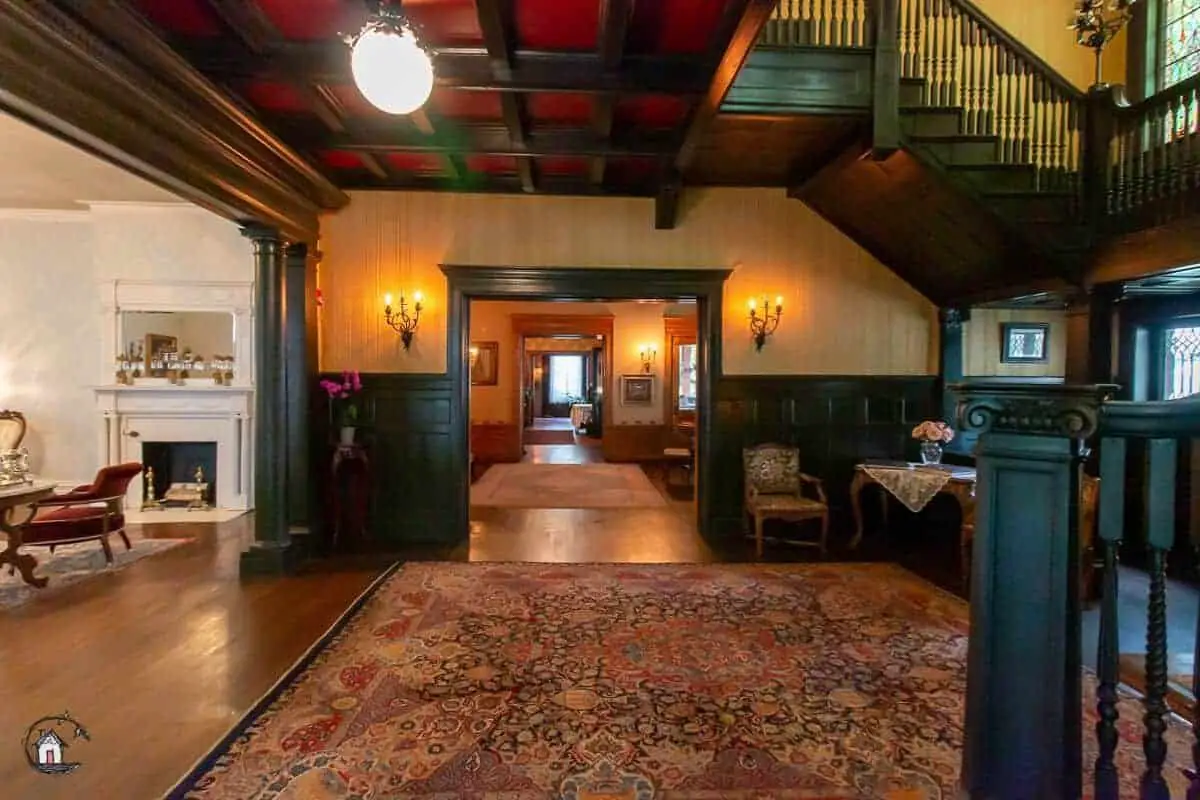 Photo of the foyer of the historic Vrooman Mansion looking towards the Music Room.