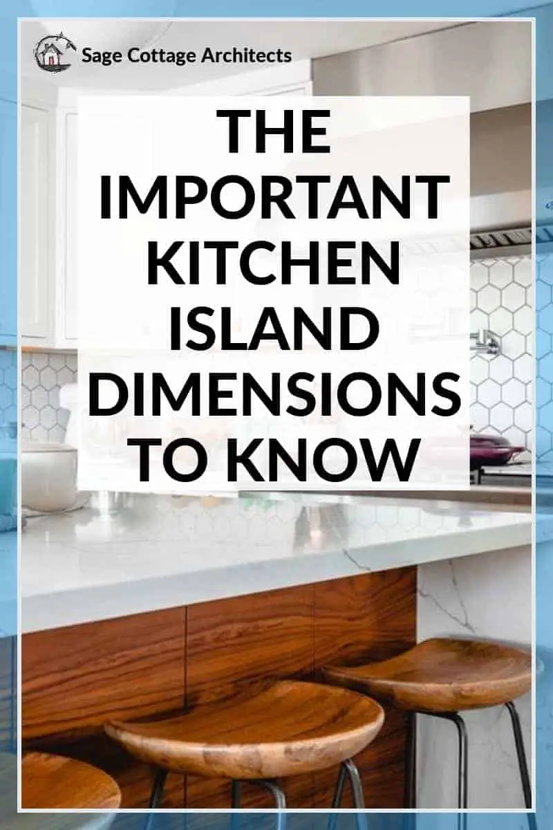 Photo collage of a white kitchen and the kitchen island dimensions you'll need to know to plan a new kitchen. 