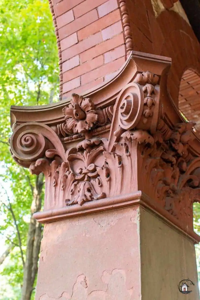 Photo detail of ornate brick column capital on the Vrooman Mansion.