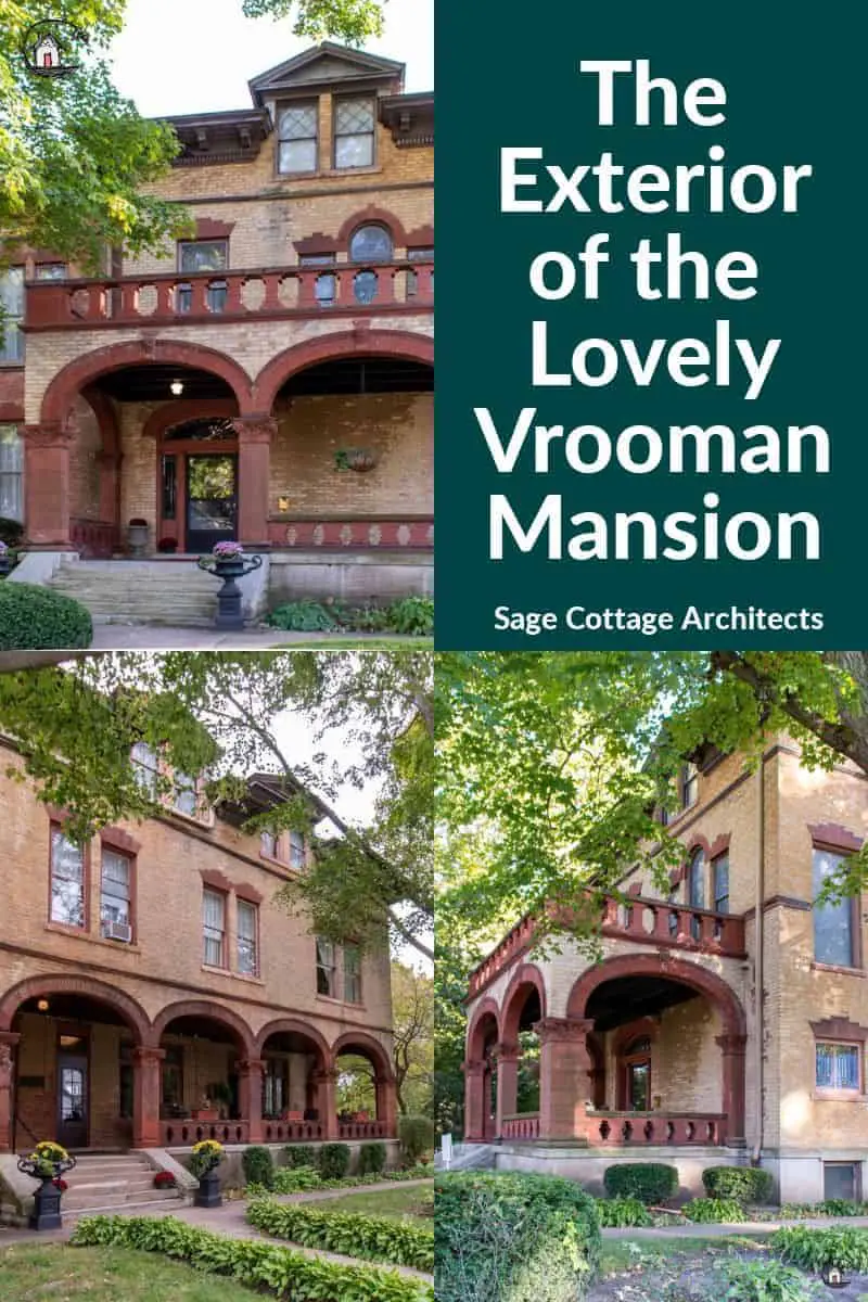 Photo collage of the yellow brick Vrooman Mansion.