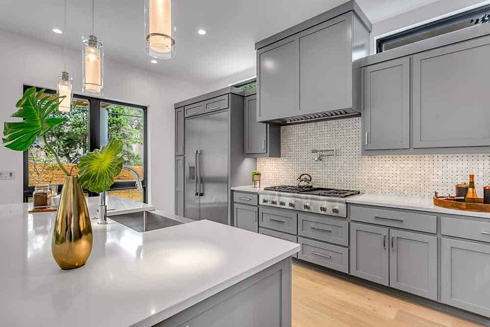 kitchen with grey modern cabinets