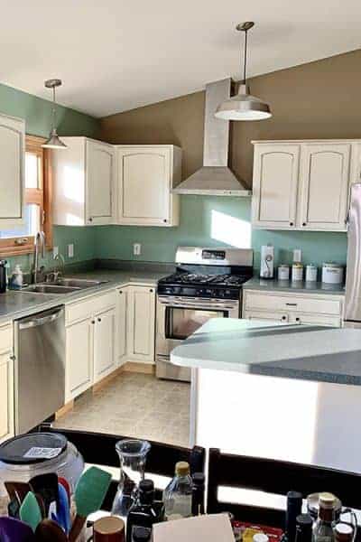 kitchen with painted white cabinets