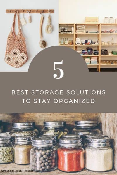 collage graphic with 3 different examples of home storage solutions
