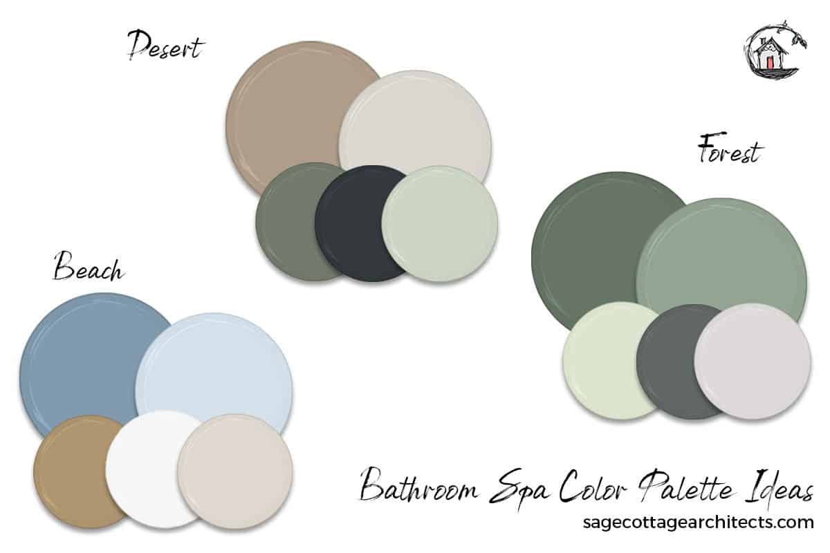 Colored circles representing three color palettes for a home bathroom spa.