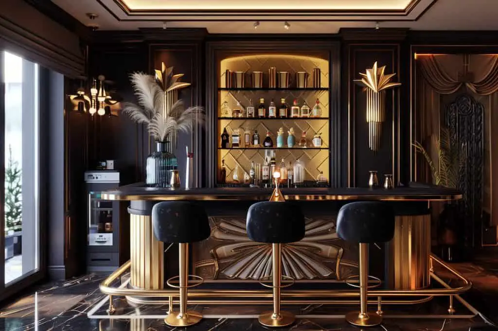 Art Deco home bar design theme. Dark purple walls with gold accents.
