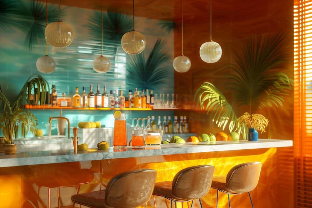 Tropical home bar design theme. Bright orange and aqua colors, tropical drinks and fruits on the bar.